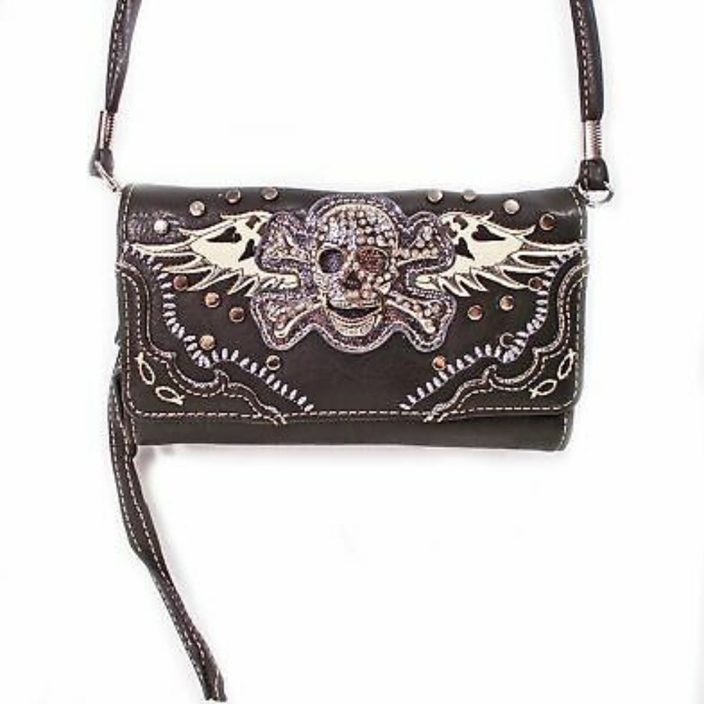 BLACK EMBELLISHED SKULL & CROSSBONES CROSS BODY